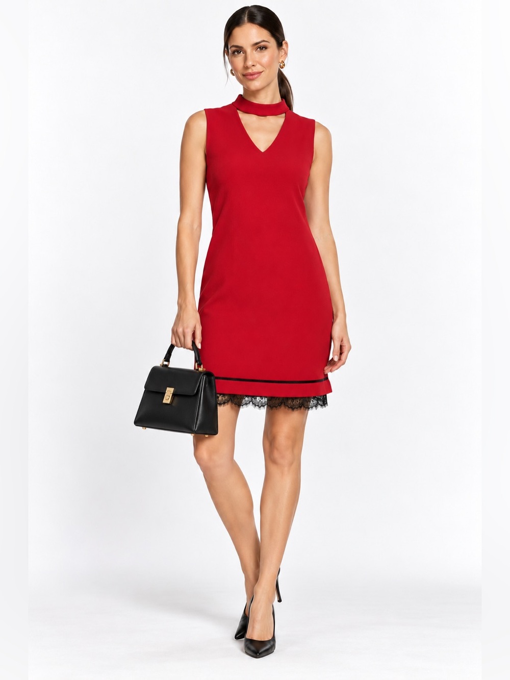 KARL LAGERFELD PARIS Red Choker Neck Lace Trim Sheath Dress Size 4